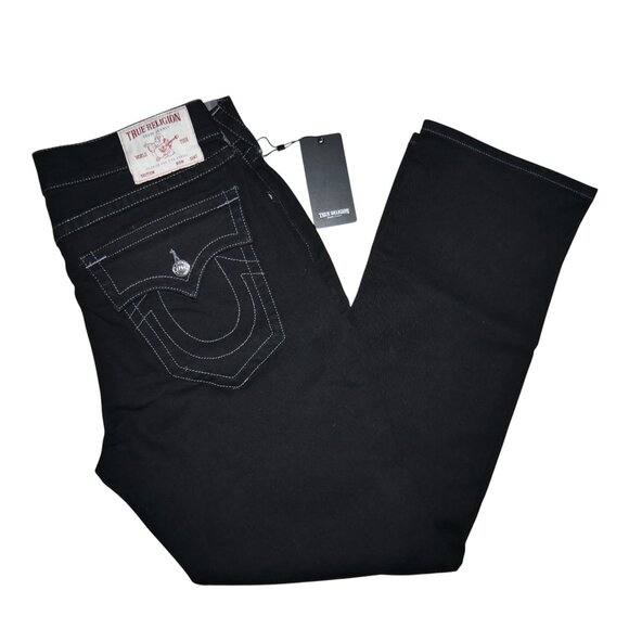 True Religion Ricky Straight Jeans Men's Size 36x32 Solid Black Flap Pockets NWT - Picture 10 of 14